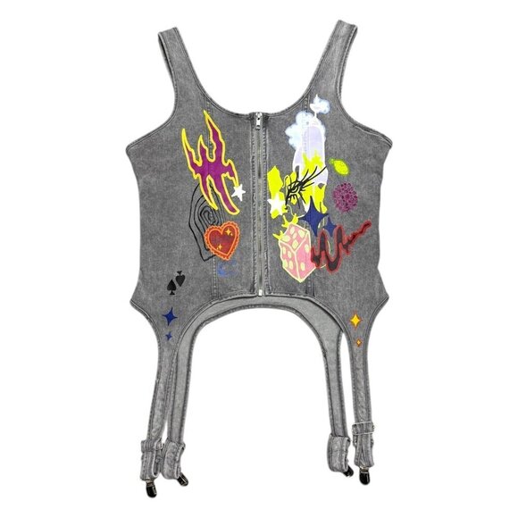 AKIRA Hand Painted CROPPED Sleeveless Denim Jean Luxury Designer Top Womens XL - Picture 2 of 7